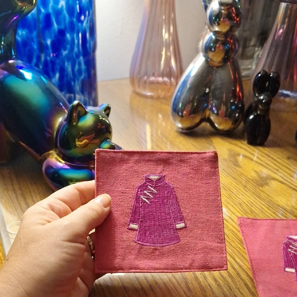 Set of Four Pink Kimono Embroidered Coasters